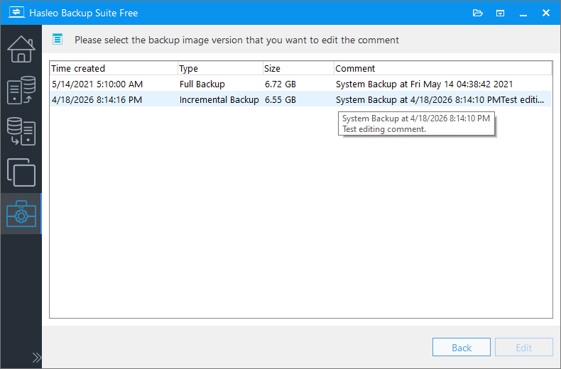 Edit backup image comment completed